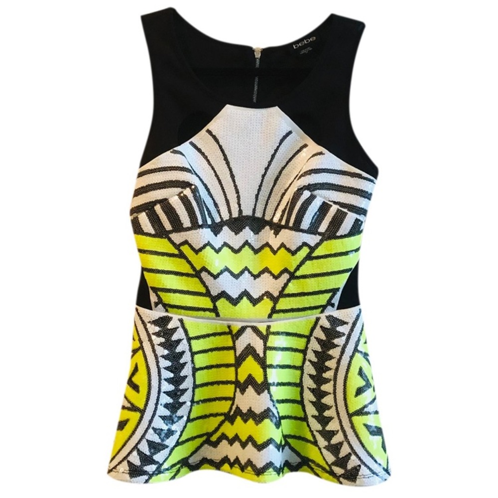 Bebe Peplum Neon Sequin Top S